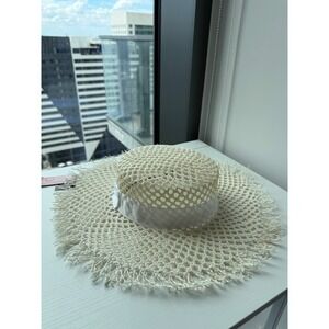 Morgan & Taylor Cream Open Weave Straw Boater Hat Wide Brim Frayed Edge NWT